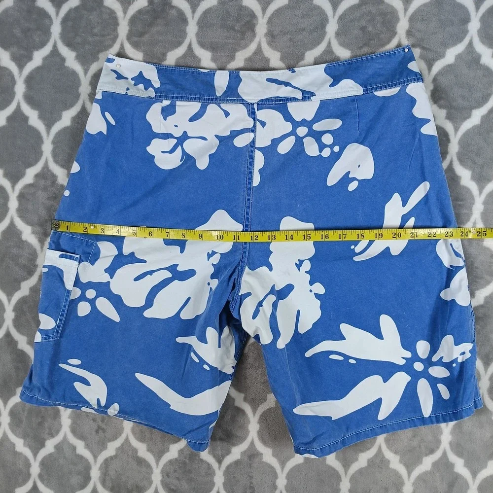 Counter Culture Board Shorts Men Size 36 Blue White Hibiscus Hawaiian Cotton